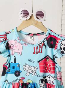 SHEIN 女童夏季薄款可爱童趣甜美文艺全身卡通动物图案印花盖袖拼接连衣裙