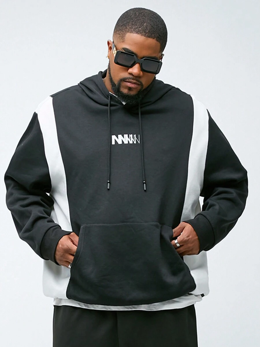 Manfinity VCAY Plus Size Men's Leisure Patchwork Loose Raglan Sleeve Hooded Sweatshirt, Suitable For Autumn & Winter