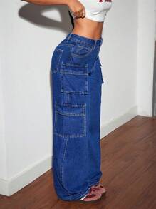 SHEIN Tall Women Multiple Cargo Pockets Wide Leg Loose Casual Jeans