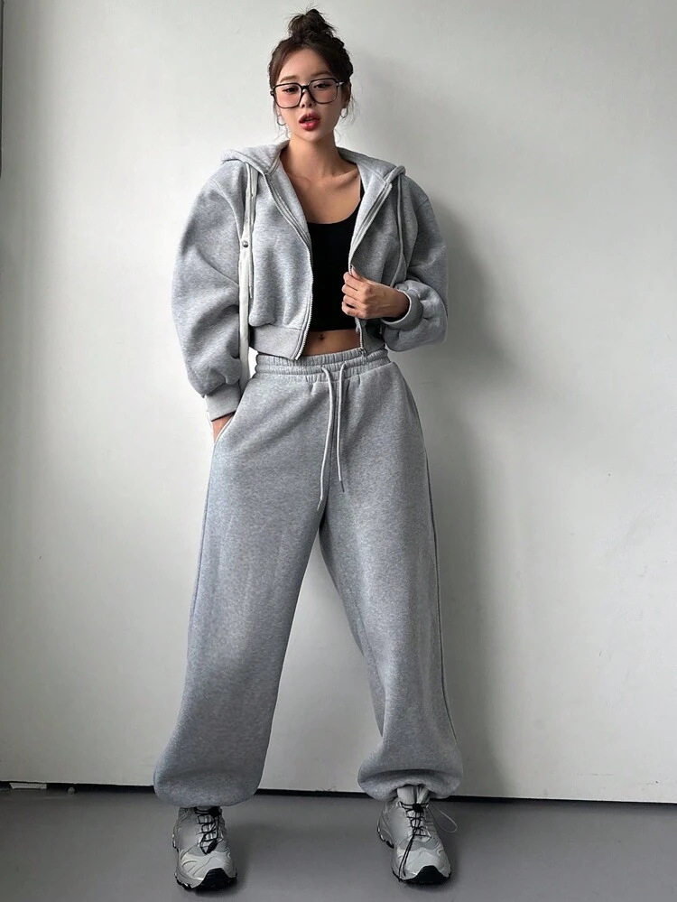 2pcs Women's Solid Color Zip Front Hooded Sweatshirt And Sweatpants Set, Spring & Fall Tracksuits Women Set Lounge Sets For Women