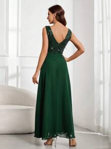 SHEIN Belle Váy phù dâu dài đính sequin lộng lẫy và thanh lịch cho phụ nữ dự tiệc Giáng sinh - Màu xanh lá cây đậm - Xem 2