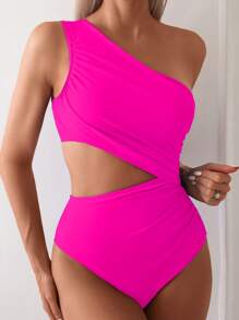 SHEIN Swim 1 件女士夏季海滩纯色不对称领褶饰镂空度假连体泳衣 - 玫紅色 - 查看 3