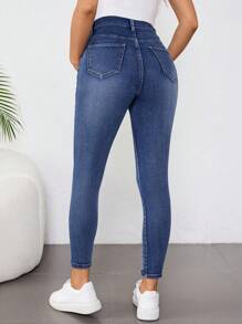 SHEIN Maternity Blue Elastic Skinny Jeans Mom Jeans - Dark Wash - View 2