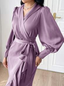 Modelyn Women's Solid Color Elegant Ruffled Hem Long Sleeve Dress Long Evening Dresses