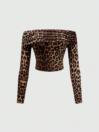 Grunge Punk Camiseta ajustada con hombros descubiertos, manga larga y cintura ceñida con estampado de leopardo, estilo Y2K Gyaru Harajuku, para la escuela