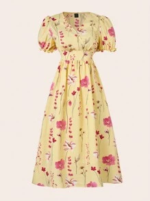 SHEIN Clasi Robe maxi d'été décontractée à manches bouffantes et imprimé floral pour femmes