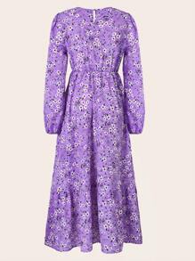 SHEIN LUNE 休闲碎花灯笼袖长裙，适合度假时穿的超长女装 - 淡紫色 - 查看 2