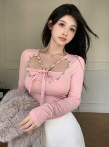 DAZY Women's Valentine's Day Heart Hollow Drawstring Tie Pearl Decor Long Sleeve T-Shirt,Fall Clothes
