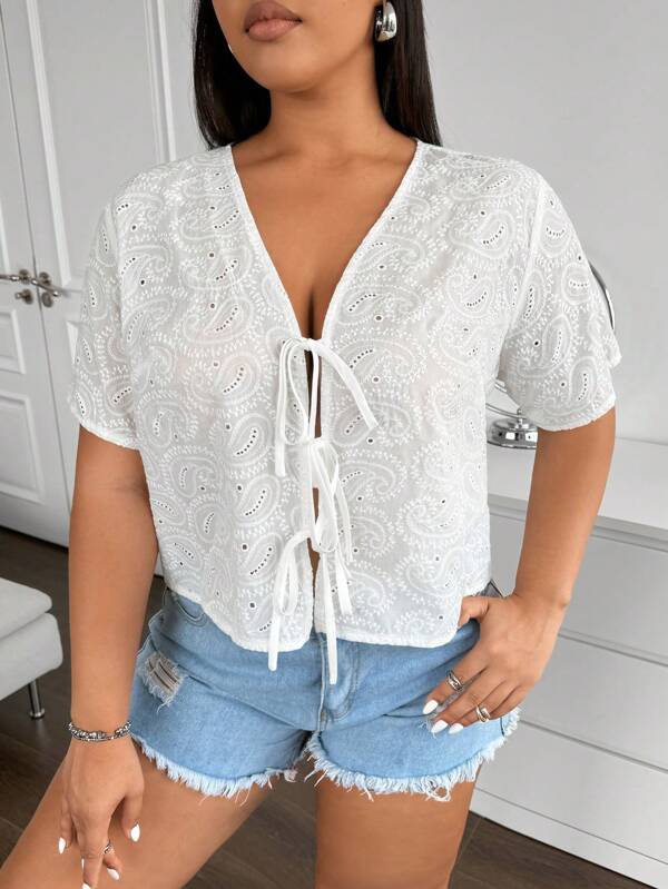 Flirla Plus Size Plain Weave 100% Polyester Embroidered Blouse With Front Tie