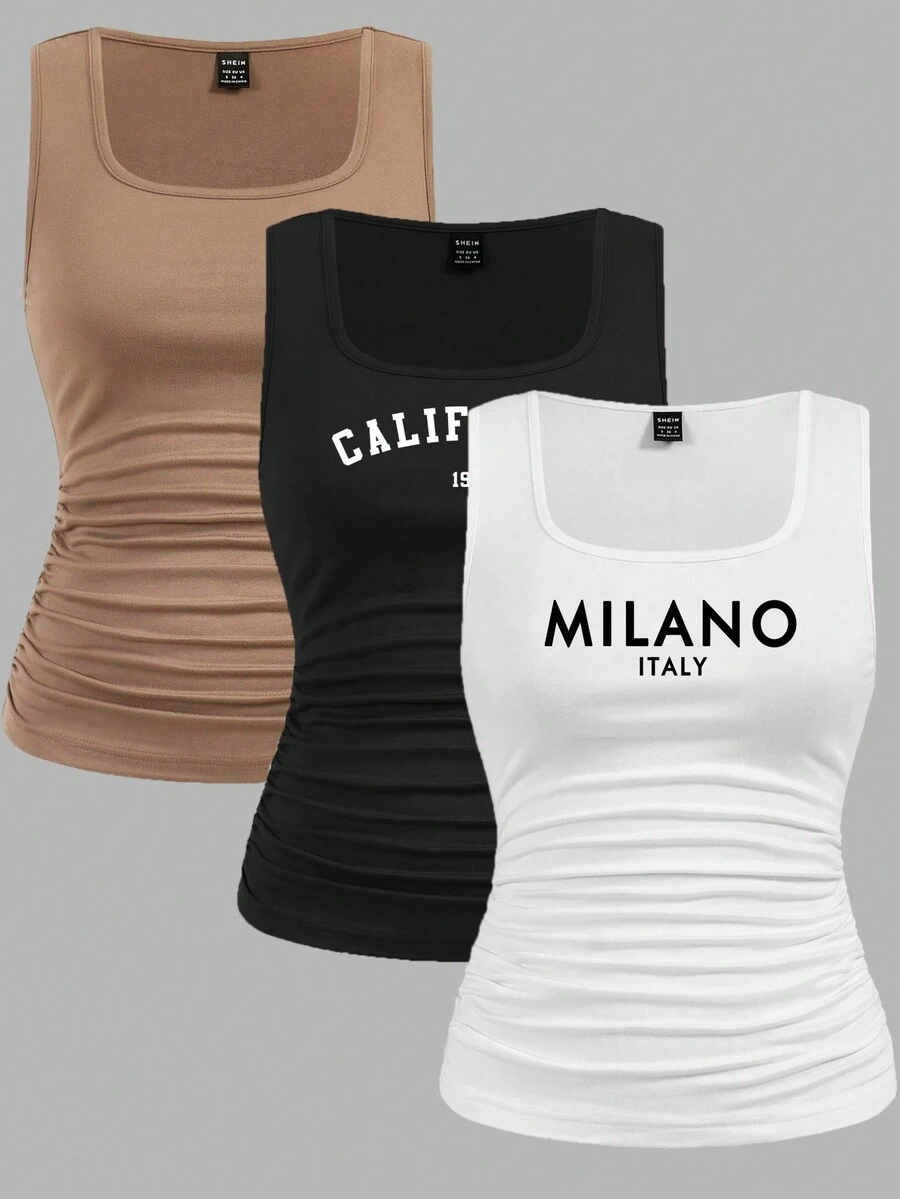SHEIN LUNE 3pcs/Set Women's Casual Milano English Graphic Summer Tank Tops - Multicolor - View 1