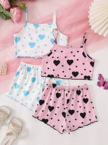 2 Cái/bộ Nữ Sinh Áo Yếm In Hình Trái Tim Và Quần Short Bộ Đồ Ngủ Thông Thường Cho Bé Gái - Nhiều màu - Xem 2