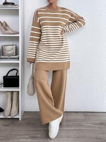 EURMUSE Woman Striped Crew Neck Casual Comfy Warm Sweater Pants Co-Ords - Camel - View 1