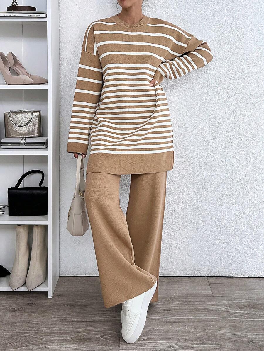 EURMUSE Woman Striped Crew Neck Casual Comfy Warm Sweater Pants Co-Ords - Camel - View 1