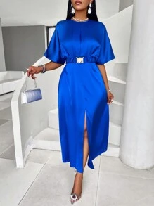 SHEIN Clasi Women Solid Color Simple Daily Satin Dress With Pleated Design