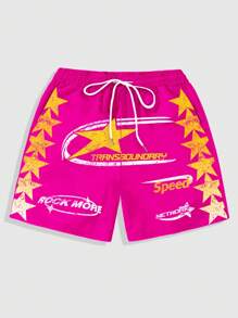 ROMWE MEN Street Life Men Five-Pointed Star And Letter Print Drawstring Summer Casual Shorts