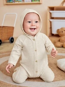 SHEIN 嬰兒男童休閒多彩針織毛絨帽長袖爬服，帶前扣式閉合，家居服裝 - 杏色 - 查看 4