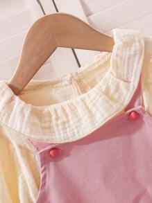 女婴休闲网眼撞色吊带连衣裙配长袖衬衫套装，春秋装 - 粉色 - 查看 7