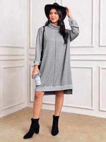 SHEIN LUNE Women High Collar Loose Split Gray Sweater Dress