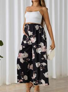 SHEIN Maternity Floral Printed Loose Casual Wide Leg Pants - Black - View 4
