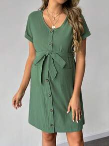 SHEIN Váy sơ mi ngắn tay cổ chữ V dành cho bà bầu - xanh quân đội - Xem 2