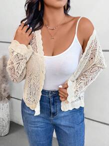 SHEIN VCAY 大码秋季浪漫钩针早午餐长袖开衫 - 杏色 - 查看 6