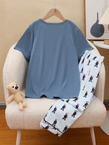 Tween Boy Pajamas Set, Bear Print Round Neck Short Sleeve + Shorts, Casual Loose 2pcs Loungewear Set - Multicolor - View 2
