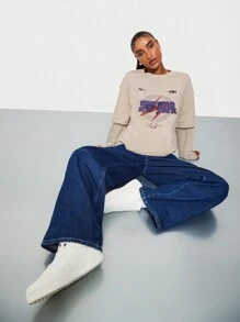 SUMWON WOMEN 双层长袖纽约图案 T 恤时尚休闲宽松街头风格秋冬休闲日常分层上衣