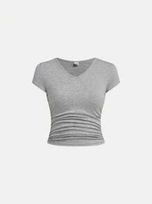 SHEIN Girlism 3 件套青少年女孩 V 领褶皱短袖纯色 T 恤