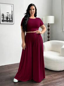 Auralis Plus-Size Summer Women's Casual Top & Wide-Leg Pants Summer Sets Spring - Burgundy - View 7