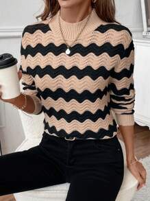 SHEIN LUNE 女士波浪条纹简约毛衣，休闲日常穿着