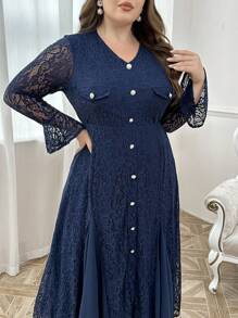 Modelyn Plus Size Women's Lace Patchwork Casual Long Sleeve Dress, Elegant Party Evening Maxi Length Dresses Long Evening Dresses - Navy Blue - View 6