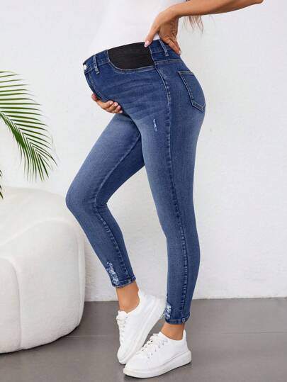 SHEIN 孕妇蓝色弹力紧身牛仔裤 妈妈牛仔裤