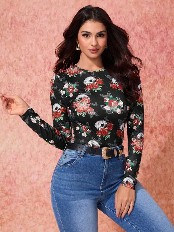 SHEIN Essnce SHElN x Día de Muertos Blusa casual de manga larga, cuello redondo, estampado Día de los Muertos