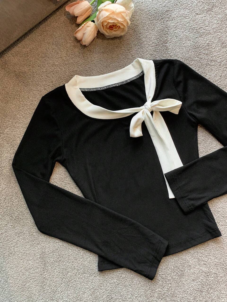Women Color Block Lace-Up Collar Long Sleeve T-Shirt,Back To School Clothes Everyday Black And White Autumn Elegant