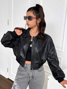 SHEIN Teenager Mädchen Jacke aus Kunstleder mit Hemdkragen, Langarm, Loose Fit und Crop Länge in Unifarbe