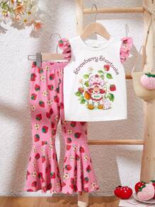 Strawberry Shortcake X SHEIN Bộ đồ bé gái dễ thương gồm áo tay ngắn in hình dâu tây hoạt hình và quần ống loe màu hồng, thanh lịch và ngọt ngào, thoải mái, thích hợp cho mặc thường ngày, đi nghỉ mát và dã ngoại. - Hồng - Xem 1
