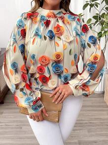 Flirla Plus Size Mock Neck Tie Back Floral Print Lantern Sleeve Blouse - Multicolor - View 4
