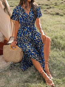 SHEIN Clasi Women Shirred Leopard Printed Drawstring Waist Split Hem Summer Dress - Royal Blue - View 6