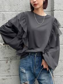 FRIFUL Women's Oversized Tulle Patchwork Fleece Sweatshirt,Long Sleeve Tops,Fall Women Clothes,Winter