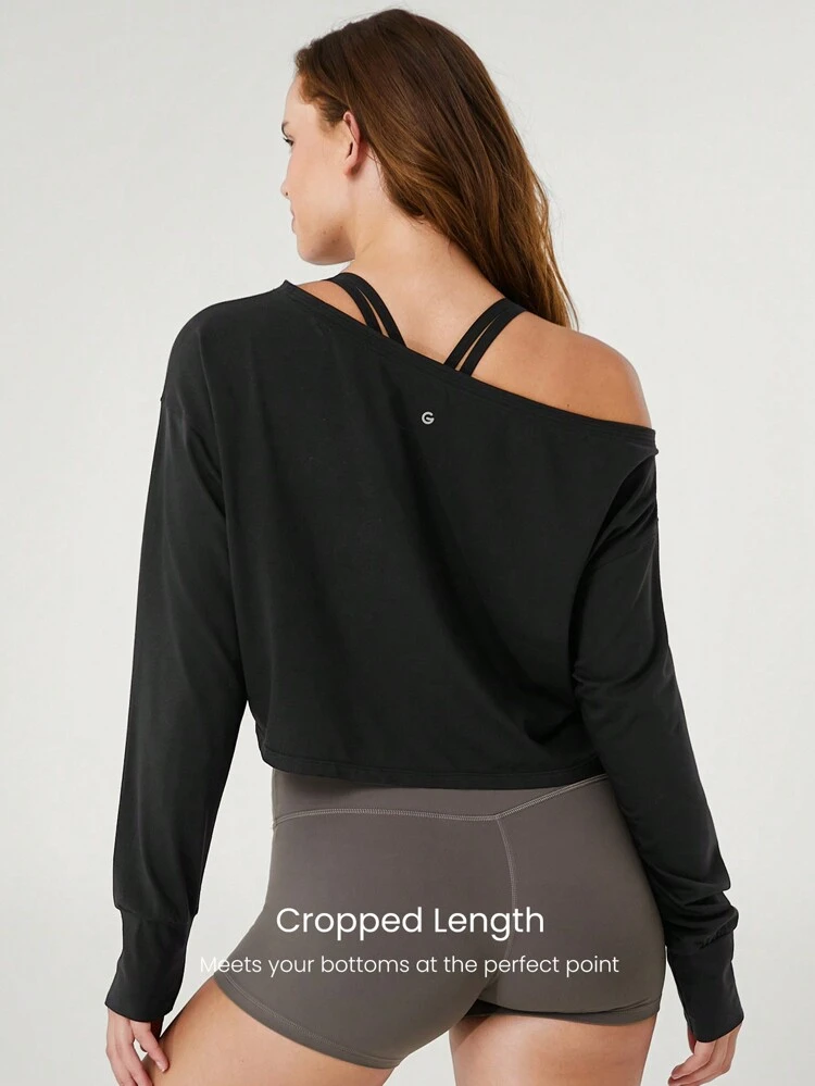 Pima Cotton Cropped One-Shoulder Drop Shoulder Long Sleeve Tee Daily Casual