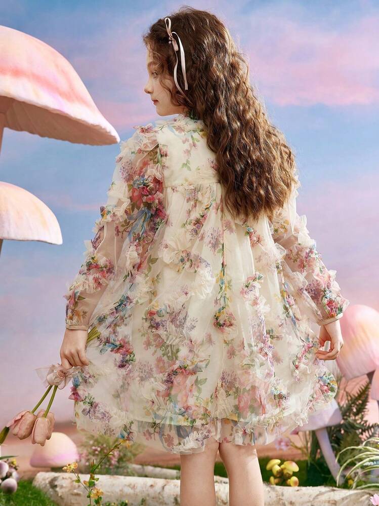 ASK JUNIOR فستان بمظهر ثلاثي الأبعاد من الشبكة وزخرفة زهرية للبنات المراهقات، فستان أميرة كاجوال - متعدد الألوان - مشاهدة 10