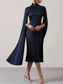 Abito elegante da donna con maniche a poncho di colore unito, abito da cocktail semi-formale adatto per festa di compleanno, matrimonio, laurea, cena, ballo di fine anno - nero - Visualizzare 4