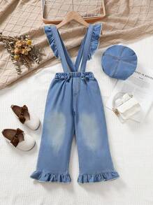 Bộ quần yếm denim nơ thường ngày + mũ dành cho các cô gái trẻ - Rửa nhẹ - Xem 1