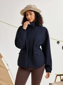 In My Nature In My Nature Women Solid Color Drawstring Hooded Waist Outdoor Jacket