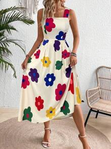 SHEIN Clasi Đầm Maxi Không Tay Cổ Vuông In Hoa Cho Nữ Trang Phục Nữ - Màu be - Xem 3