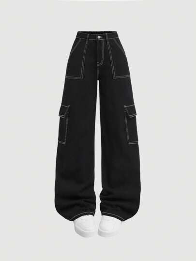 SHEIN Girlism Jeans sueltos y anchos de bloqueo de color con pespuntes negros para chica adolescente, pantalones vaqueros finos bohemios de verano con bolsillos y pernera ancha, ropa y atuendos de verano de estilo preppy para chica adolescente