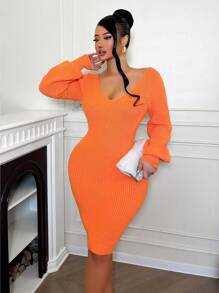 Zolique V-Neck Lantern Sleeve Fitted Dress - Burnt Orange - View 1
