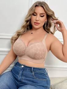 Plus Size Contrast Lace Non-Wired Bra, 1pc Lingerie - Apricot - View 5
