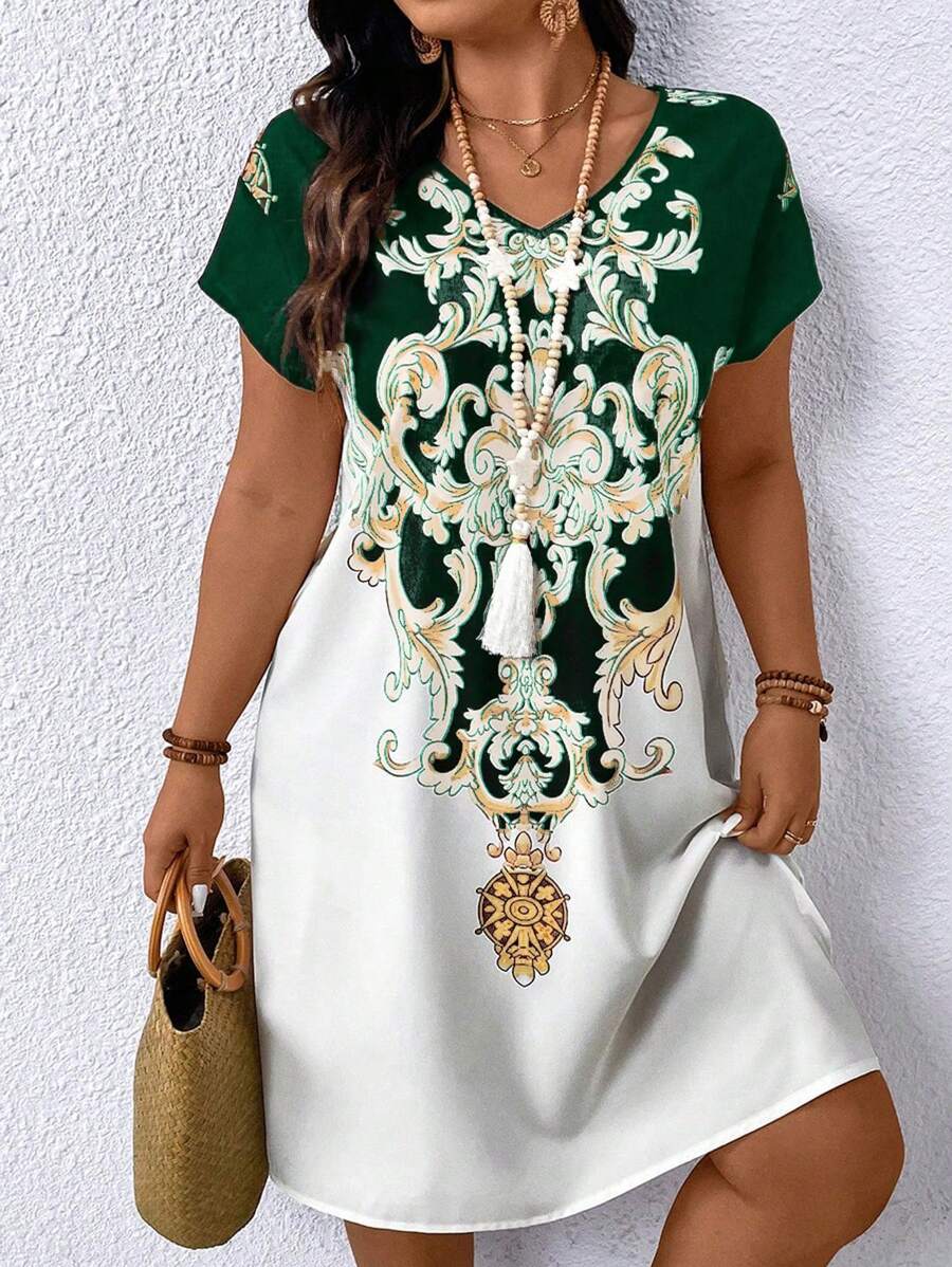 大码女式夏季花卉印花 V 领短袖休闲连衣裙 - 綠色 - 查看 1