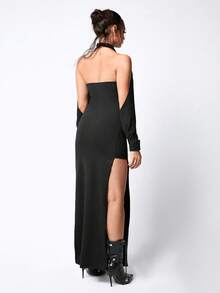 ROMWE Grunge Punk Gothic Style Asymmetrical Sleeve Slim Fit High Slit Women Midi Dress - Black - View 5